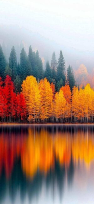 Autumn foliage landscape with red, orange, yellow trees mirrored on water, misty green pines | 4K Wallpaper for Mobile