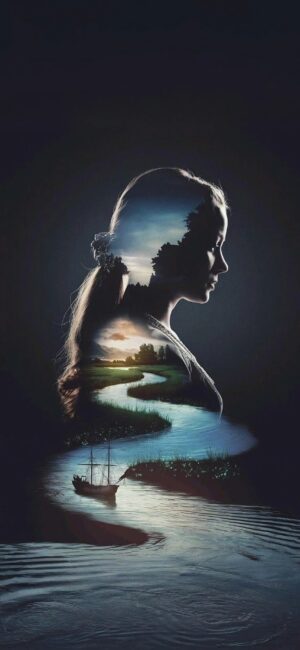 Double exposure of woman's profile with serene landscape, blending river, trees, and boat. | 4K Wallpaper for Mobile | Blue, Black, Green.