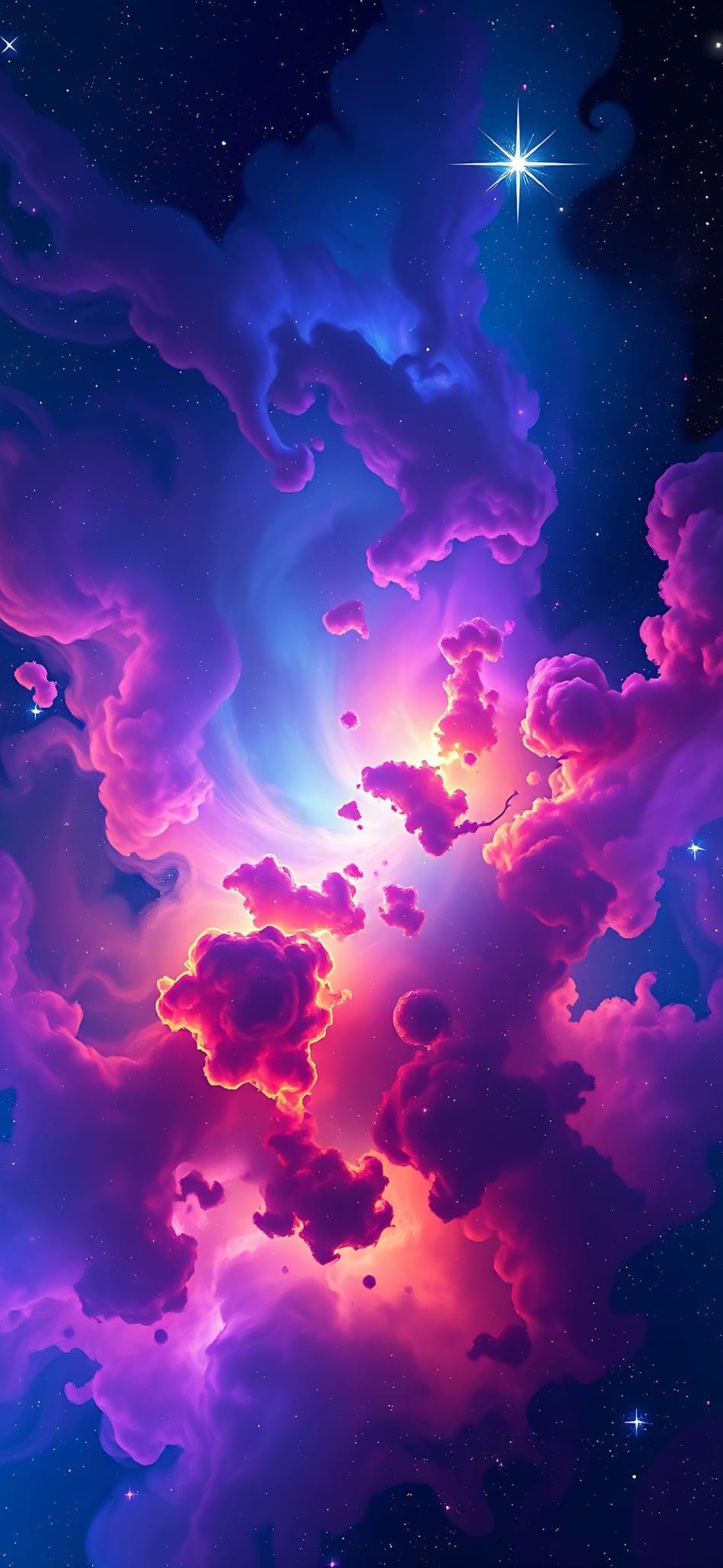 Cosmic scene with swirling purple, pink, blue nebulous clouds and starry backdrop | 4K Wallpaper | for Mobile