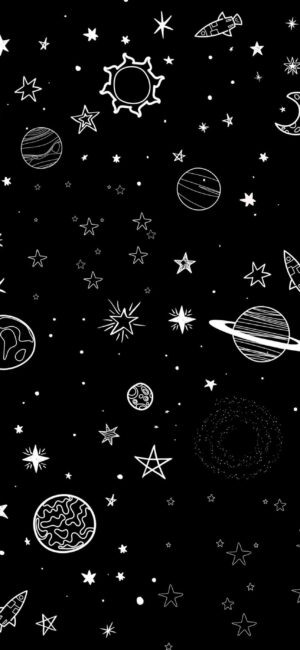 Whimsical black and white space-themed wallpaper with planets, stars, and rockets. Perfect for mobile. | 4K Wallpaper