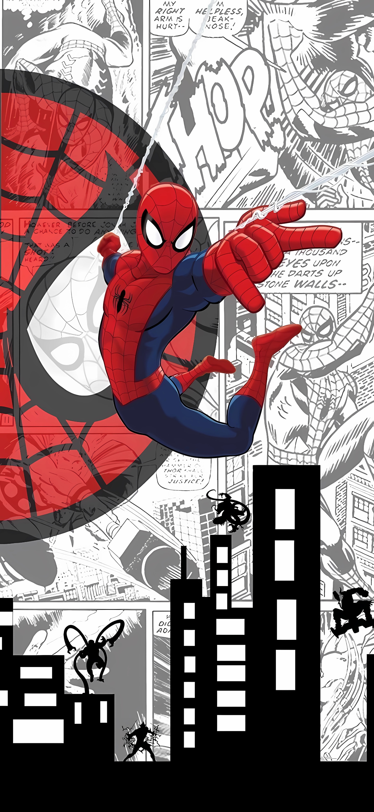 Spider-Man swinging in front of a cityscape, comic-style art; Red, Black, White | 4K Wallpaper for Mobile | Spiderman, Superhero