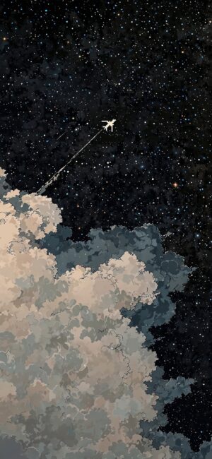 Pixelated airplane flying among stars with clouds below in a dreamy, surreal atmosphere | 4K Wallpaper, for Mobile | Black, Blue, Gray