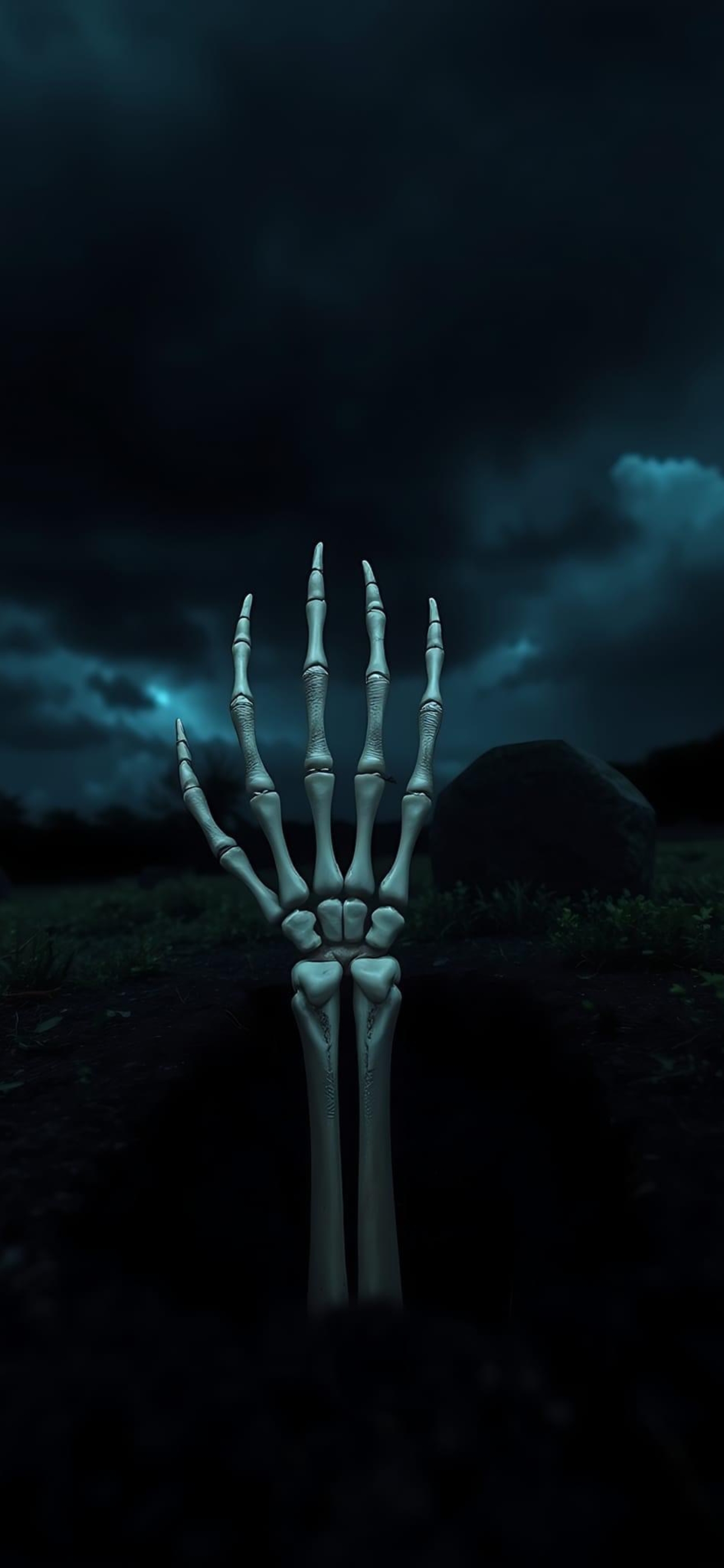 Skeletal hand emerging from the ground under an ominous sky, perfect for Halloween or horror themes. | 4K Wallpaper for Mobile