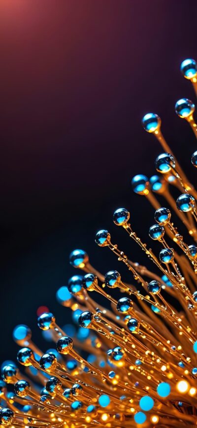 Mesmerizing abstract design with glowing orbs and strands, blue and golden hues for a futuristic look | 4K Wallpaper for Mobile