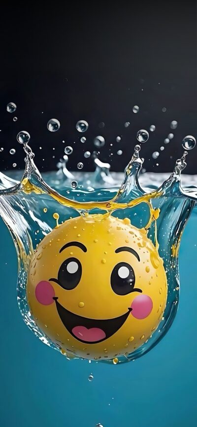 Yellow smiley face ball splashing in water with droplets on a dark background | 4K Wallpaper for Mobile | Blue, Black, Yellow