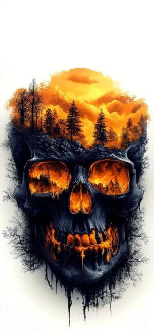 Skull landscape with fiery eye sockets and trees | Yellow, Black, Orange | Skull, Sunset, Forest Themes | 4K Wallpaper for Mobile