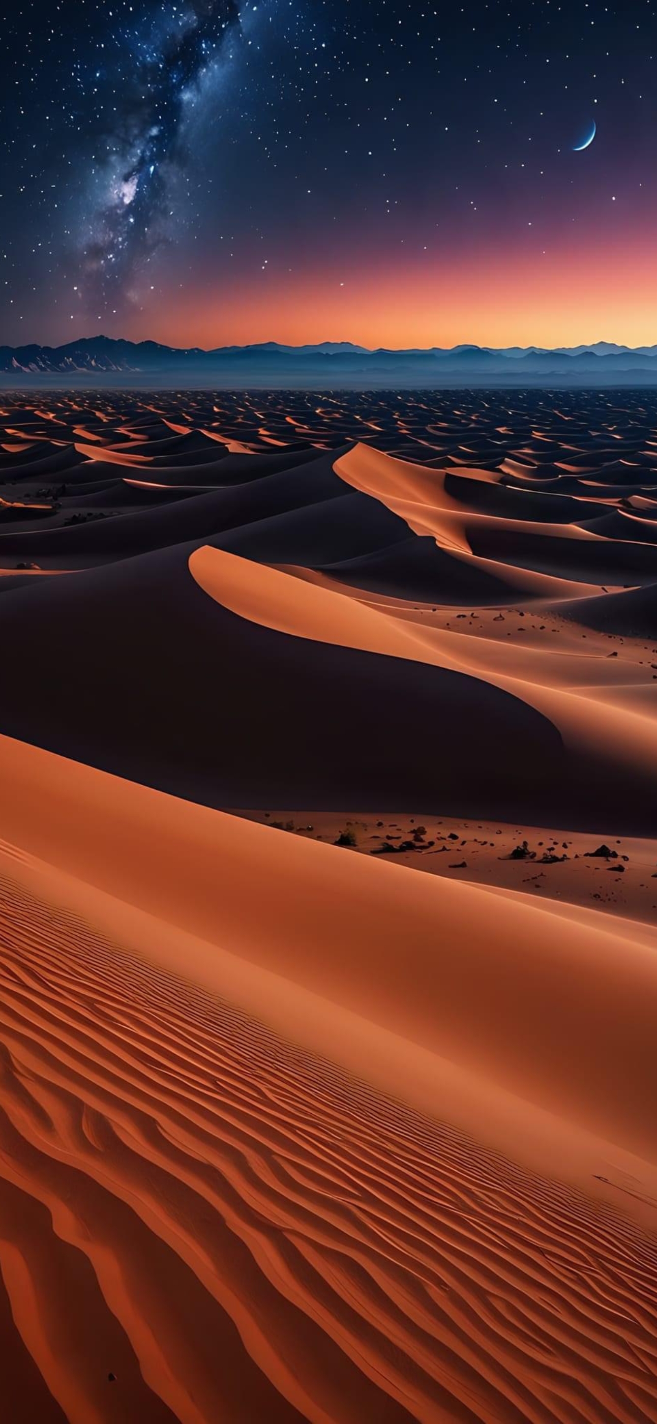 Stunning sand dunes under a starry night sky with Milky Way and crescent moon | 4K Wallpaper for Mobile