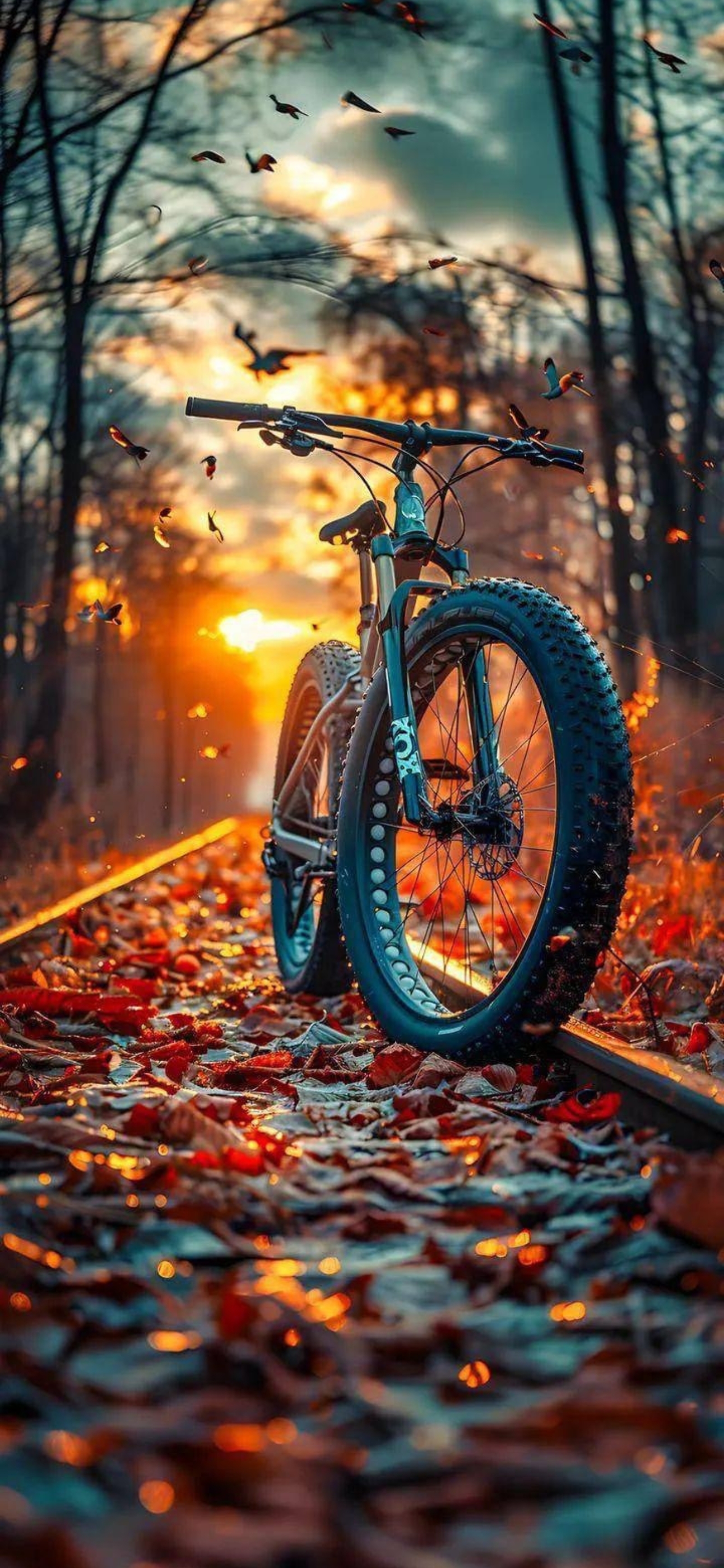 Bicycle on autumn leaf-covered trail during dramatic sunset with flying birds, evoking adventure and tranquility | 4K Wallpaper for Mobile