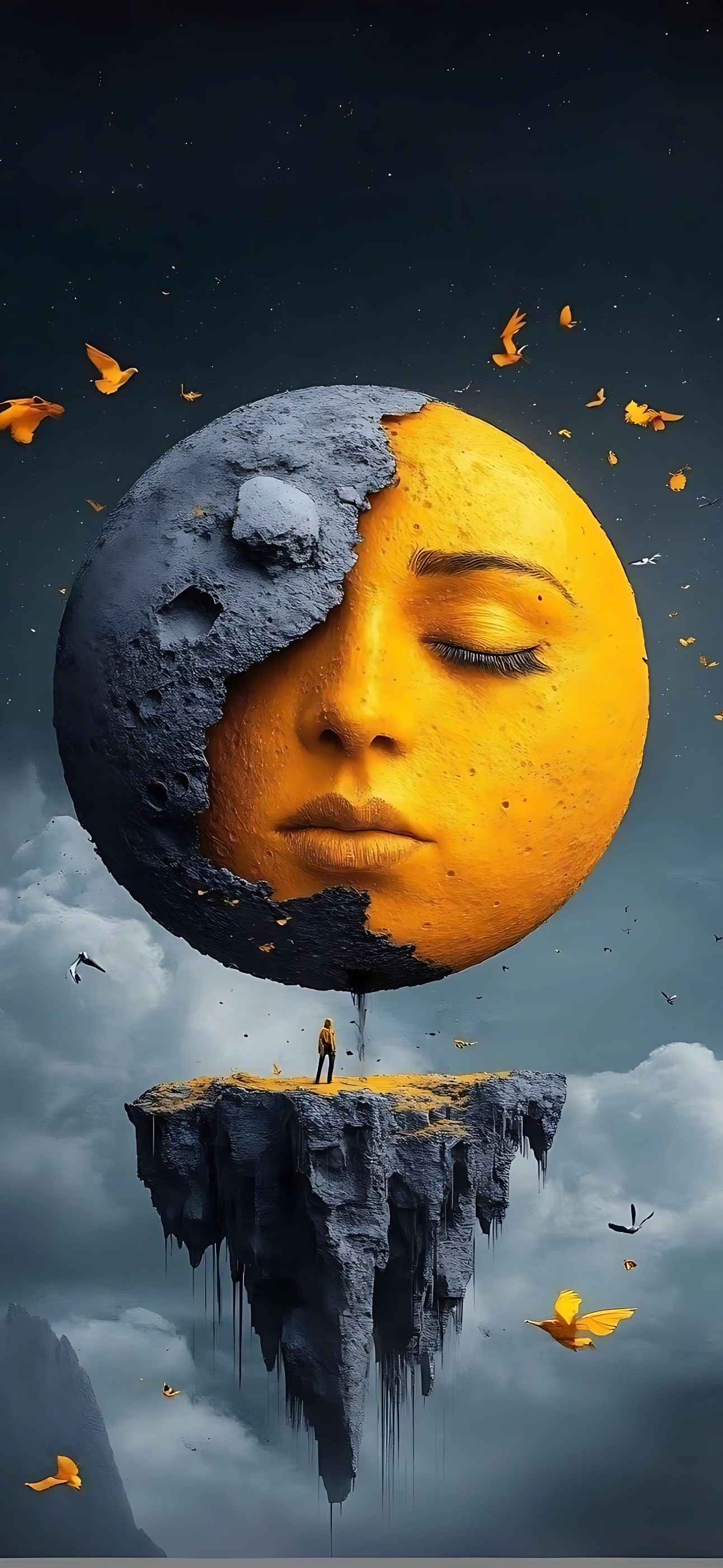 Surreal 4K mobile wallpaper of a celestial face, split textures, surrounded by yellow birds in a dark sky above a rocky platform.