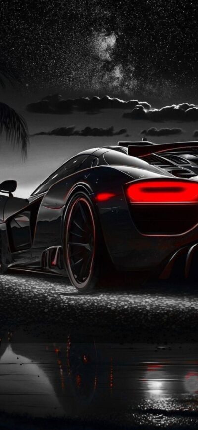 Sleek black sports car with glowing red tail lights on wet road under starry sky | 4K Wallpaper, for Mobile | Black, Red, White