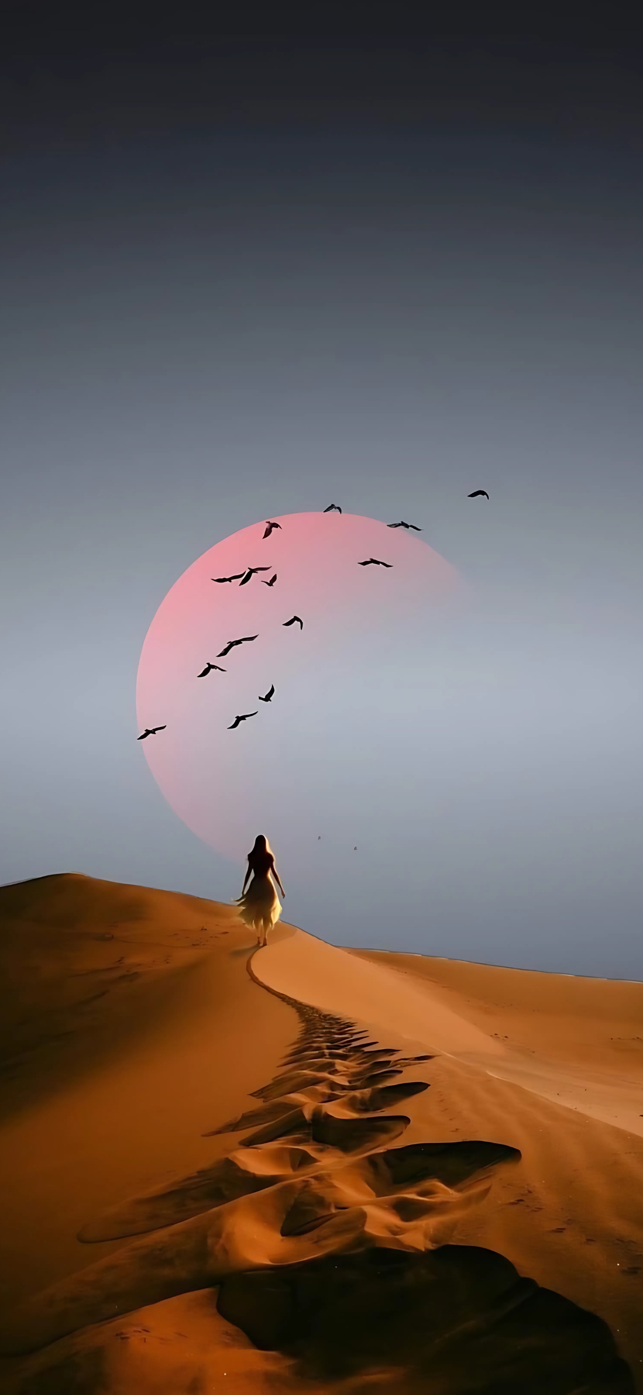 A stunning desert scene with a lone figure, pink sun, and birds | Blue, Pink, Brown | 4K Wallpaper for Mobile