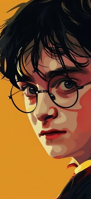 Stylized Harry Potter illustration with round glasses, dark hair, vibrant orange background | 4K Wallpaper for Mobile