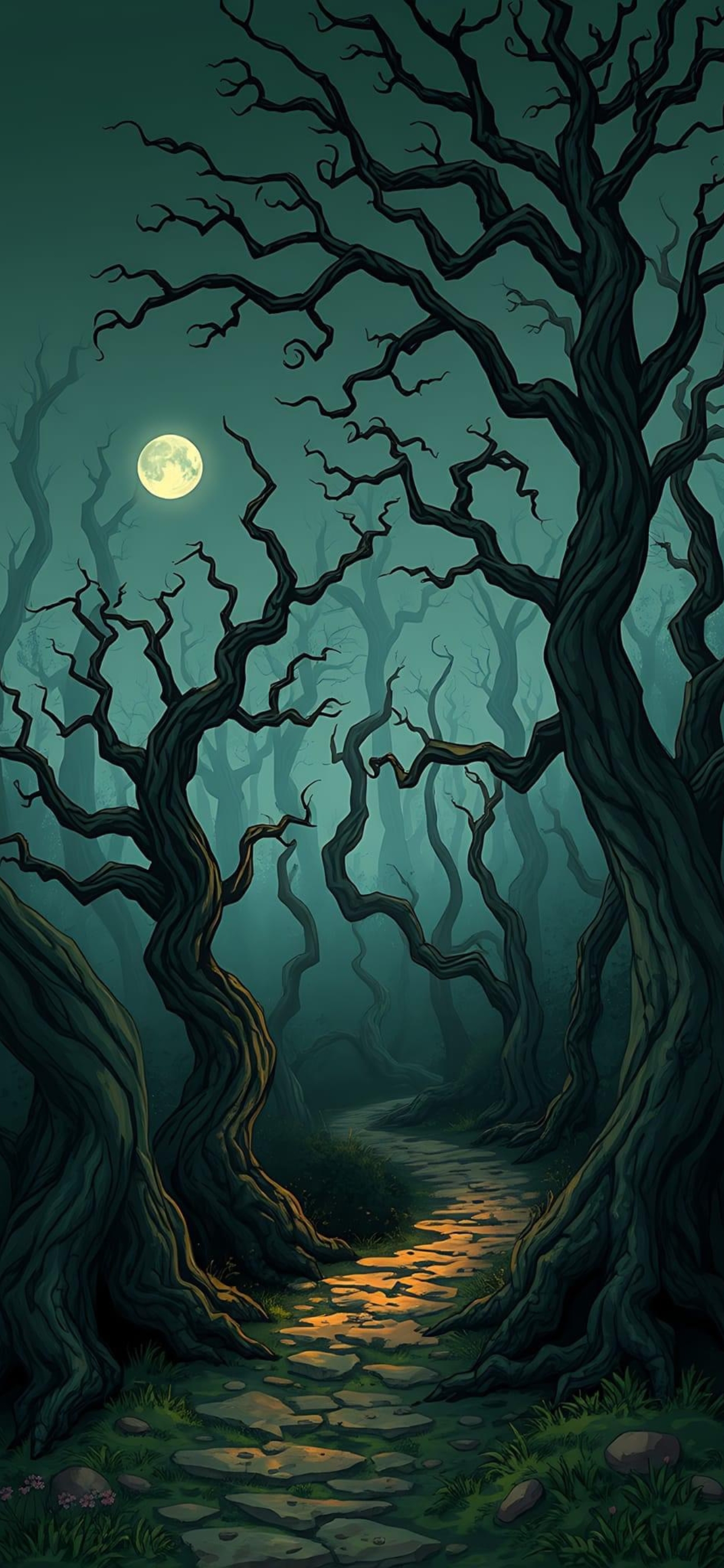 Mystical forest with twisted trees under a full moon | Eerie night atmosphere, stone path | Teal, dark, green hues | 4K Wallpaper for Mobile