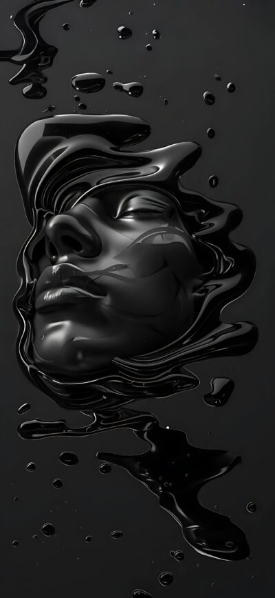 Surreal face in glossy black liquid, abstract modern art aesthetic | 4K Wallpaper for Mobile | Black, Abstract, Futuristic, Minimalism