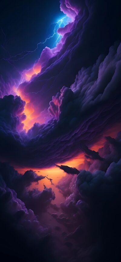 Dramatic swirling clouds with purple, orange hues, blue lightning; contrast in a stormy sky | 4K Wallpaper for Mobile