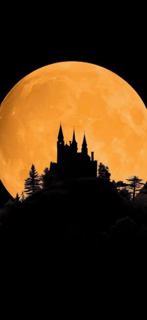 Silhouette castle & trees against an orange full moon create a mysterious fantasy scene | Black, Orange | 4K Wallpaper for Mobile