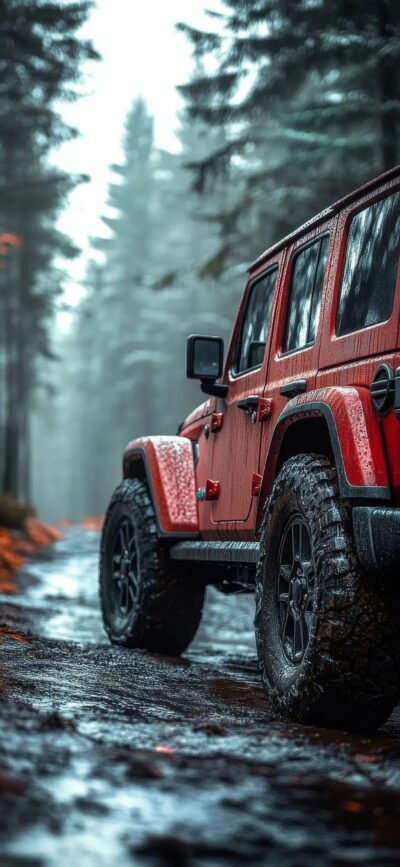 Rugged red off-road vehicle on muddy forest path amidst misty trees, capturing adventure in nature | 4K Wallpaper for Mobile