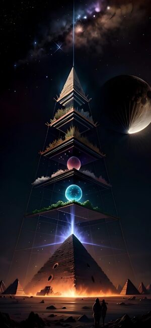 Surreal pyramid structure in the cosmos with planets and foliage under a starry sky | 4K Wallpaper for Mobile | Black, Blue, Brown