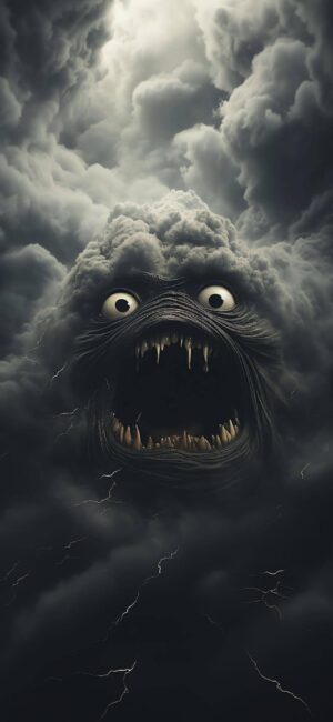 A stormy sky forms a monstrous face with lightning, creating an eerie atmosphere. | 4K Wallpaper for Mobile