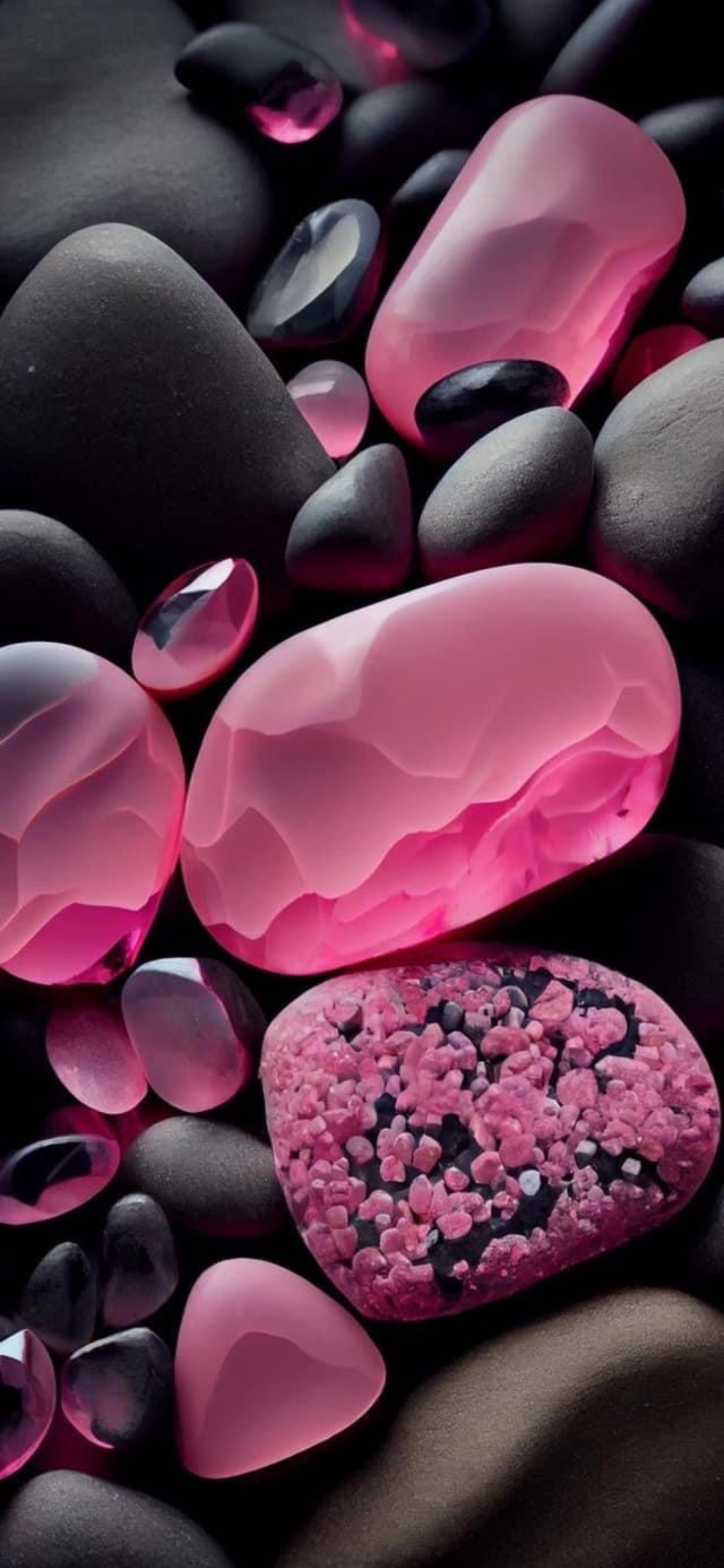 Smooth black pebbles with striking pink stones creating a tranquil contrast | 4K Wallpaper for Mobile | Black and Pink Stone Texture