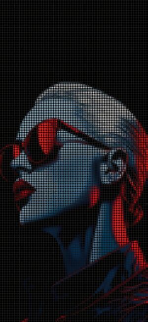 Stylized digital art of a person in red sunglasses/lipstick with halftone dots, high contrast | Black, Red, Blue | 4K Wallpaper for Mobile