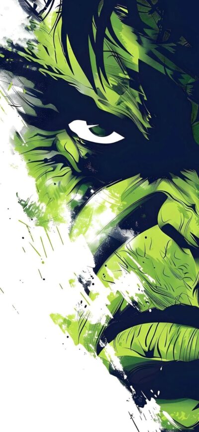 The Hulk in dynamic abstract style, focusing on his powerful expression and green color | 4K Wallpaper for Mobile | Green, Black, White