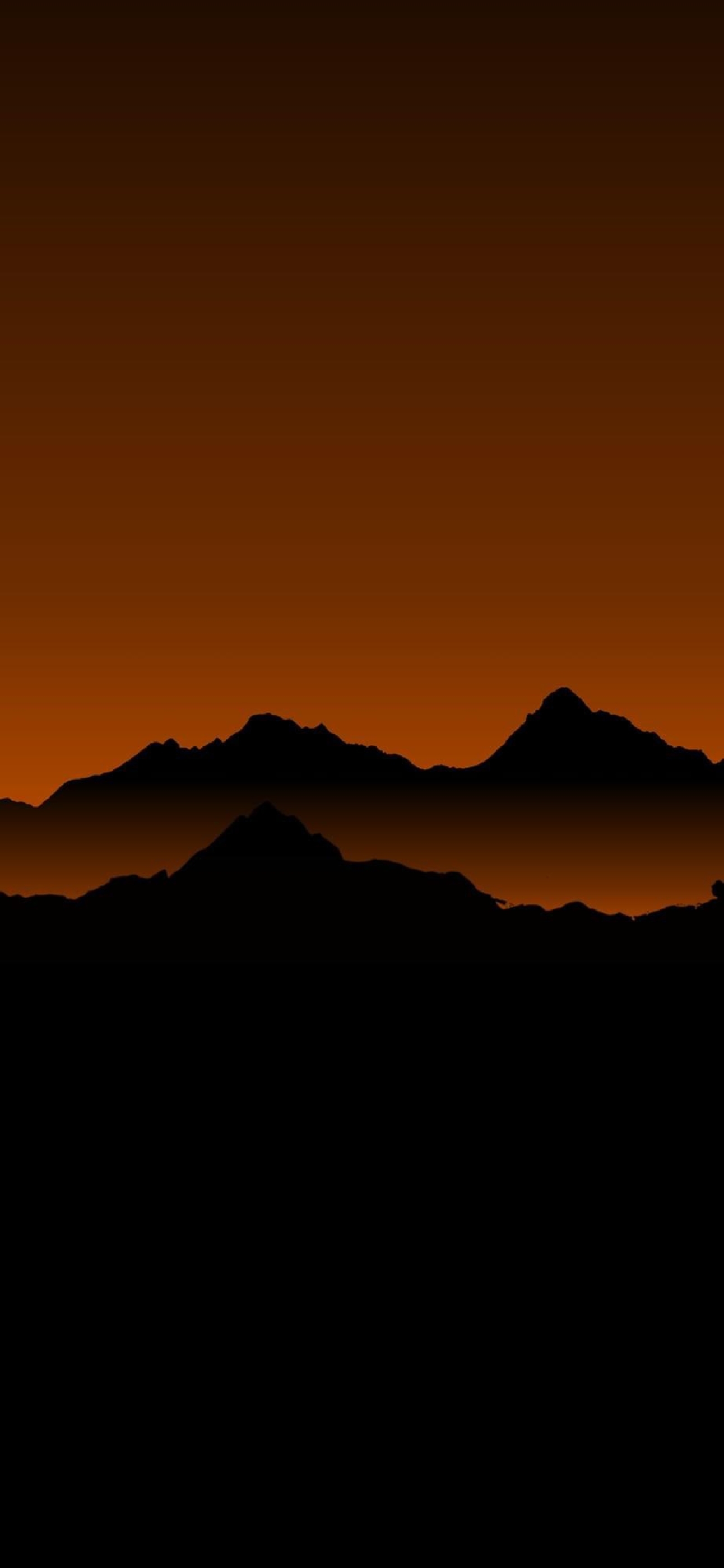 Silhouette mountain peaks with orange and black gradient sky, minimalist sunset scene | 4K Wallpaper for Mobile