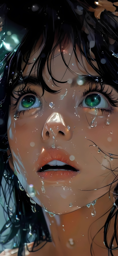 Close-up animated character with green eyes and dark hair with water droplets. Realistic emotive expression. | 4K Wallpaper for Mobile