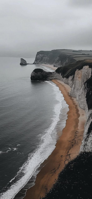 Dramatic coastal scene with cliffs, sandy beach, calm ocean, and overcast sky for mobile | 4K Wallpaper | Gray, Brown, Black