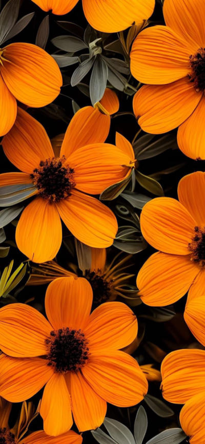 Orange flowers on dark green foliage, intricate petals, vibrant contrast | 4K Wallpaper for Mobile | Orange, Green, Black