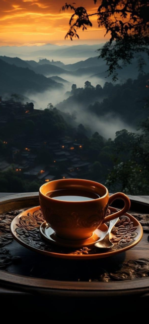 Cozy mountain sunset with misty hills, village view, and hot beverage on saucer. Orange, blue, and brown hues | 4K Wallpaper for Mobile