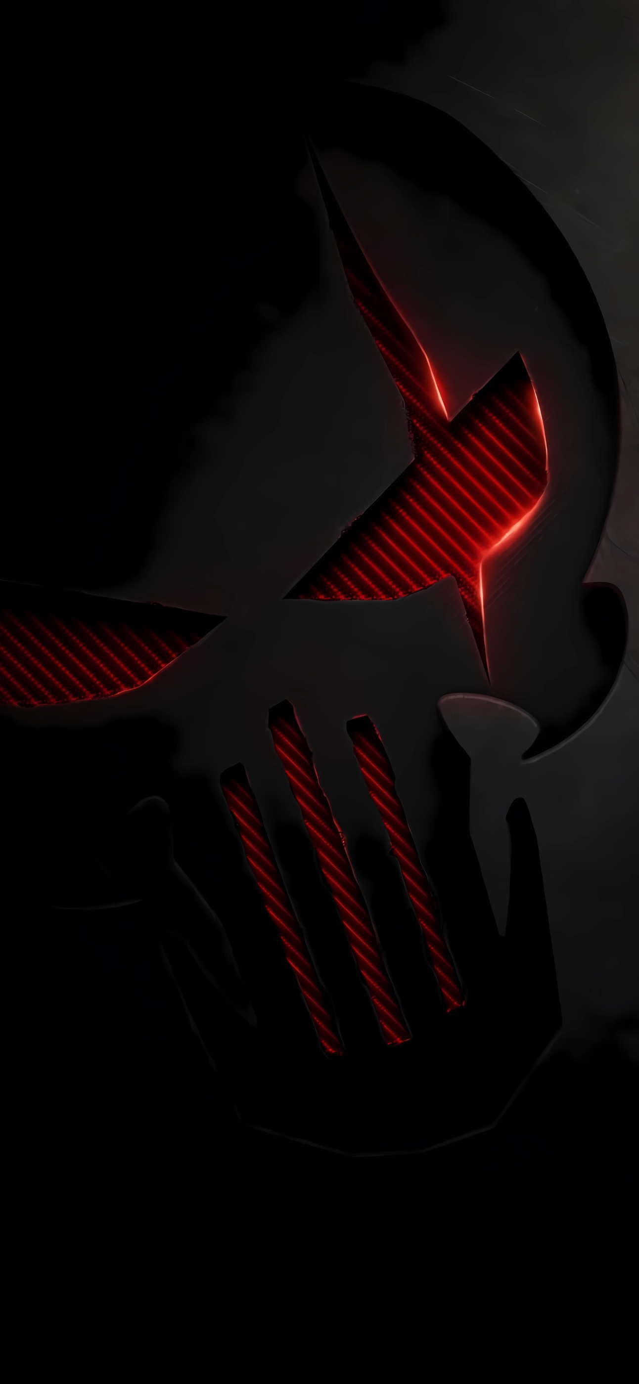 Dark Punisher skull logo with glowing red accents | 4K Wallpaper for Mobile | Black and Red | Explore more: Marvel, Superhero, Dark.