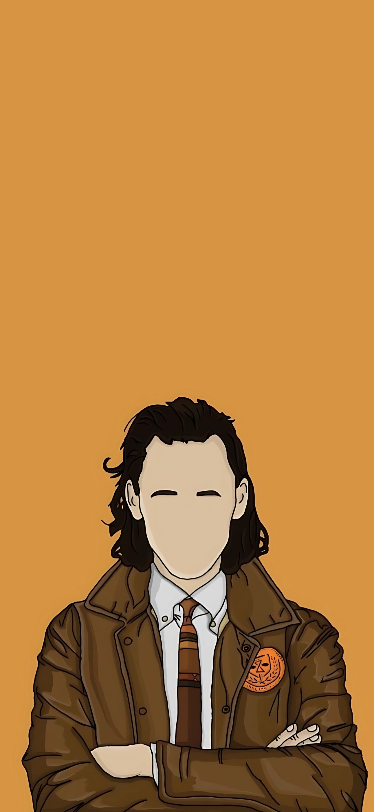 Minimalist Loki character in brown jacket and tie on orange pattern background | 4K Wallpaper for Mobile