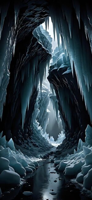 Icy cave wallpaper with stalactites and a reflective stream, featuring black, blue, and white colors | 4K Wallpaper for Mobile