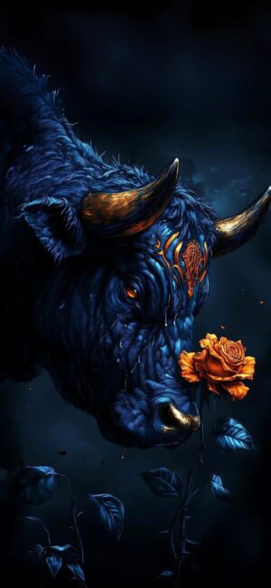 Majestic bull with glowing golden horns & deep blue fur, interacting with a vibrant orange rose | 4K Wallpaper for Mobile