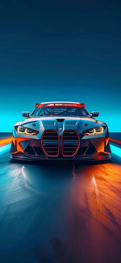 Race car with bold grille, striking headlights, vibrant gradient background in blue, orange, black for Mobile | 4K Wallpaper