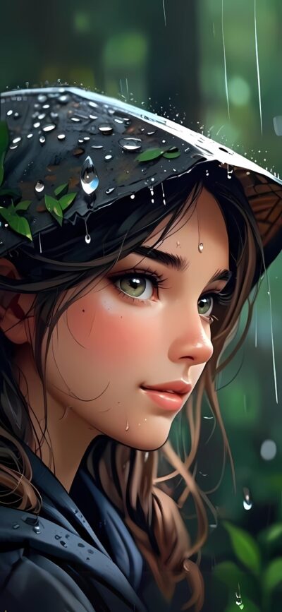 Beautifully illustrated character with realistic features, water droplets, and leaf-adorned hat in soft green tones | 4K Wallpaper for Mobile