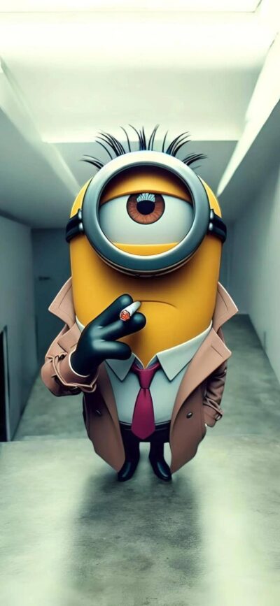 One-eyed Minion in a detective outfit with a cigarette, film noir humor | Gray, Yellow & Beige | 4K Wallpaper for Mobile