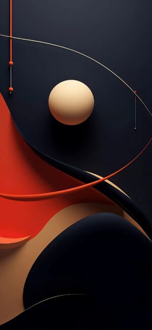 Abstract design with bold geometric shapes, curves, sphere & flowing lines in black, red & beige | 4K Wallpaper for Mobile