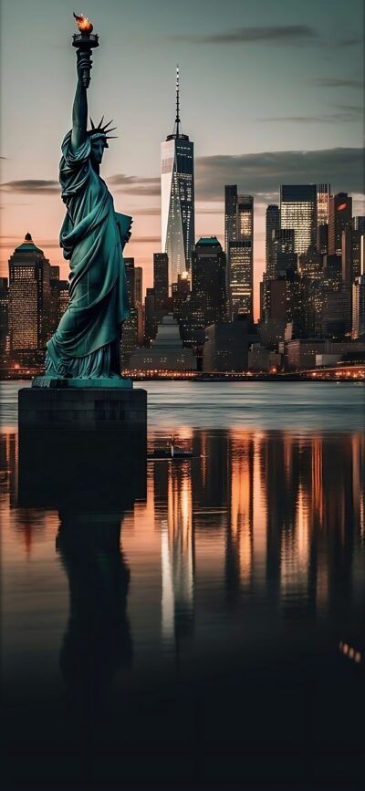 Statue of Liberty and NYC skyline at sunset with serene reflections | Gold, Blue, Gray | 4K Wallpaper for Mobile