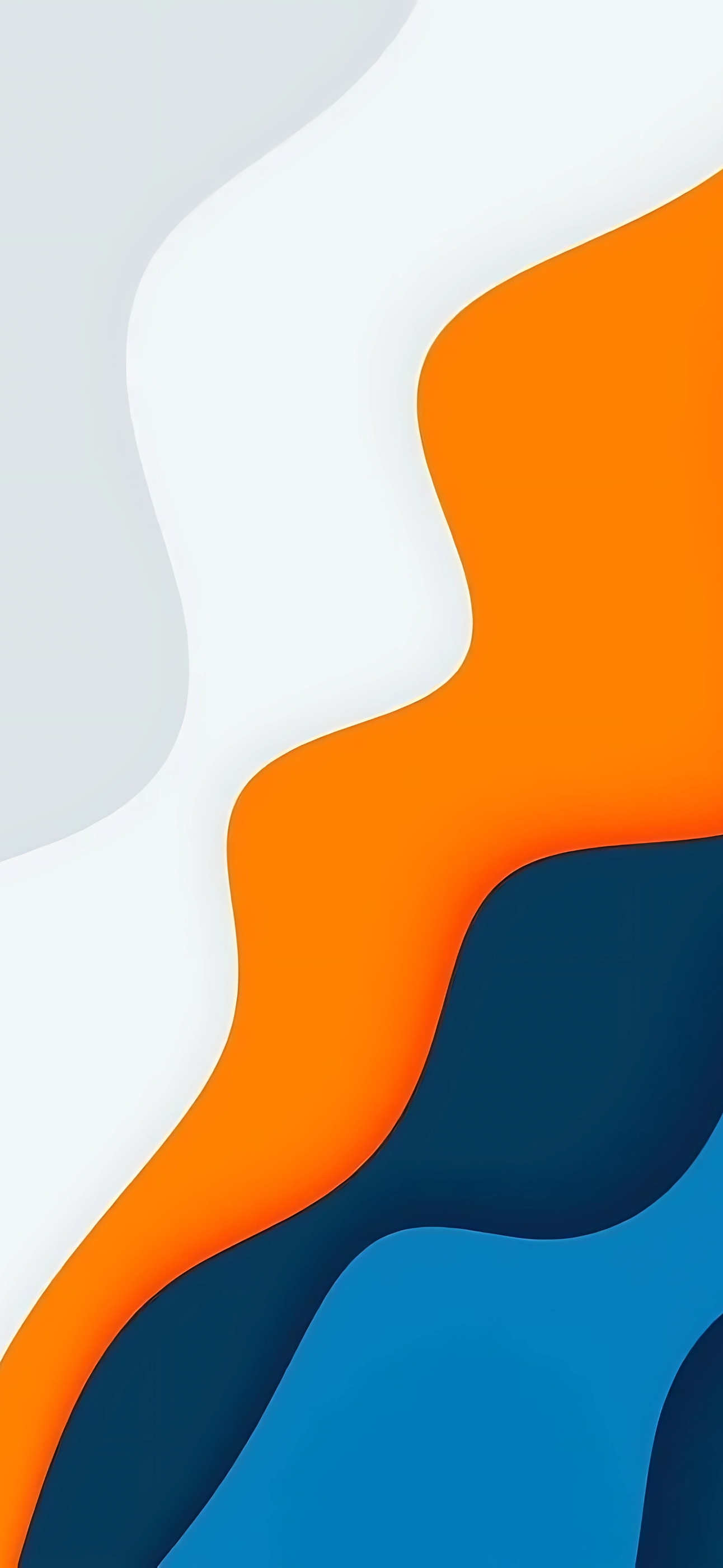 Abstract design with wavy shapes in white, orange, navy, and light blue; smooth transitions for modern art. | 4K Wallpaper for Mobile