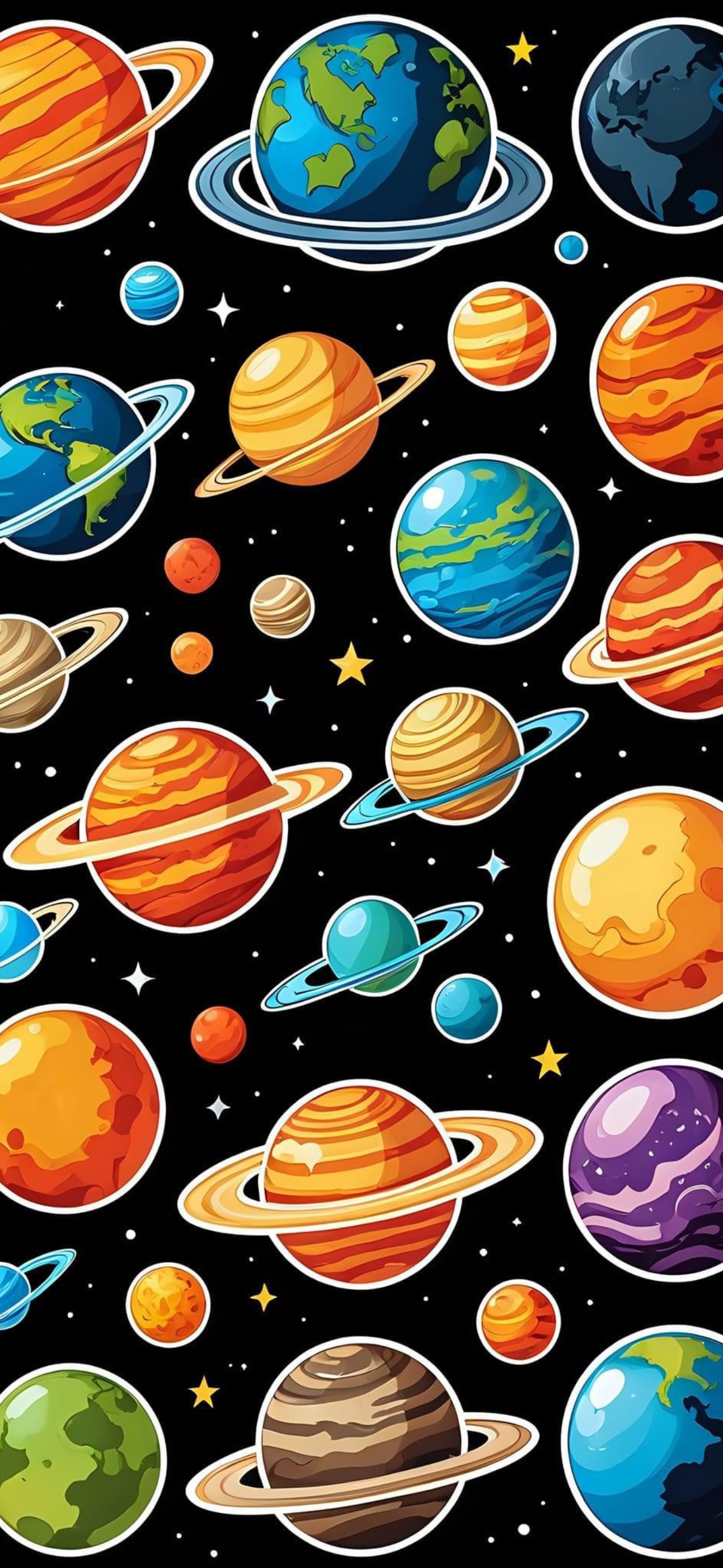 Vibrant space-themed design with colorful planets and stars on a black background | 4K Wallpaper for Mobile