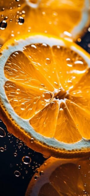 Vibrant orange slices in water with droplets, highlighting freshness and texture. | 4K Wallpaper for Mobile