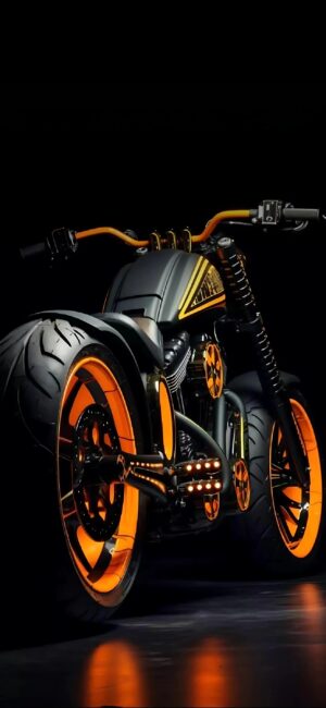 Futuristic motorcycle with orange accents on rims against black background, showcasing speed and innovation | 4K Wallpaper for Mobile