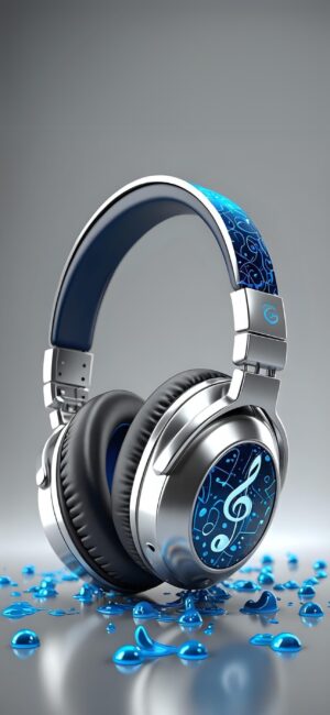 Sleek silver headphones with black cushions on a blue background featuring musical notes, surrounded by blue liquid droplets | 4K Wallpaper for Mobile