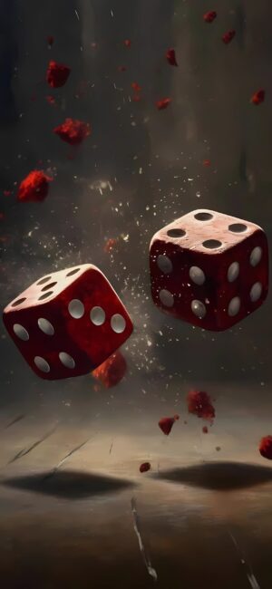 Two red dice in motion with floating particles on a blurred dark background, conveying randomness | 4K Wallpaper, for Mobile