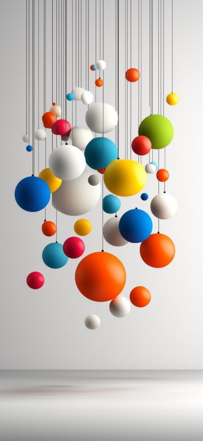 Abstract colored spheres on strings | Orange, blue, green, yellow, red, white | Dynamic effect | Light background | 4K Wallpaper for Mobile