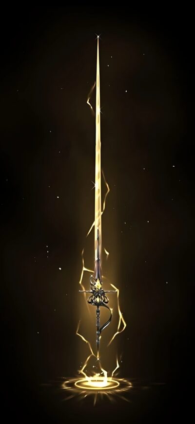 A mystical, glowing sword against a dark backdrop with golden light and sparks, perfect for fantasy and magic fans | 4K Wallpaper for Mobile