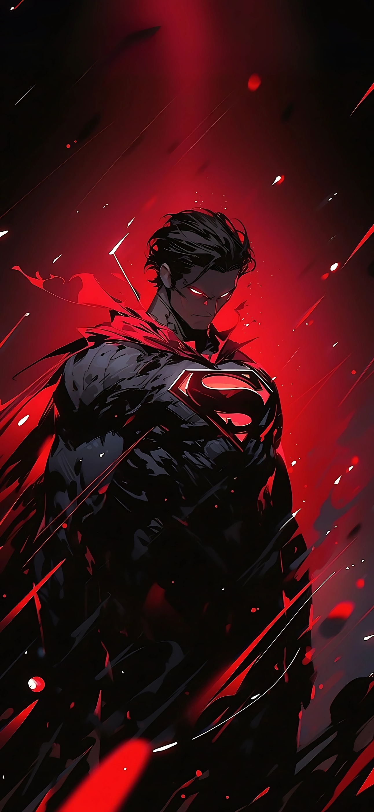 Dramatic Superman in red and black | Intense red accents on eyes and "S" symbol | 4K Wallpaper for Mobile | Red and Black Theme