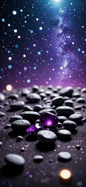 Abstract black stones and purple gems beneath a galaxy-like sky, glowing orbs fantasy scene, | 4K Wallpaper for Mobile.